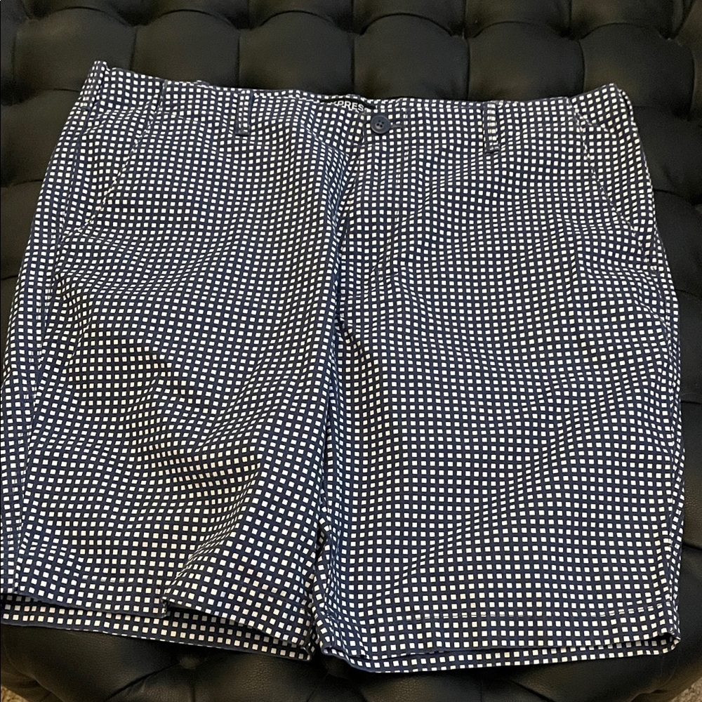 Express Navy and White Micro-Check Flat Front Shorts